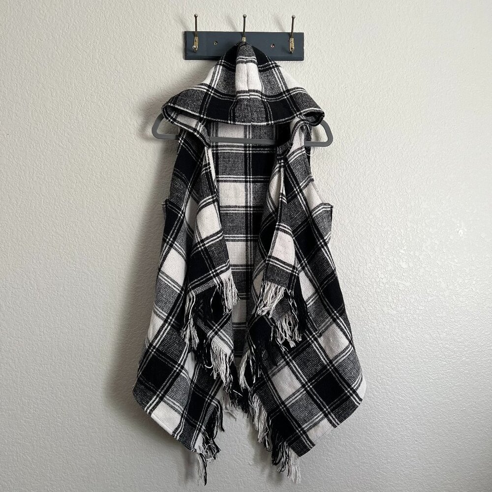 HYFVE Plaid Hooded Waterfall Vest Women's S Wool Blend Fall Sweater Vest Pockets